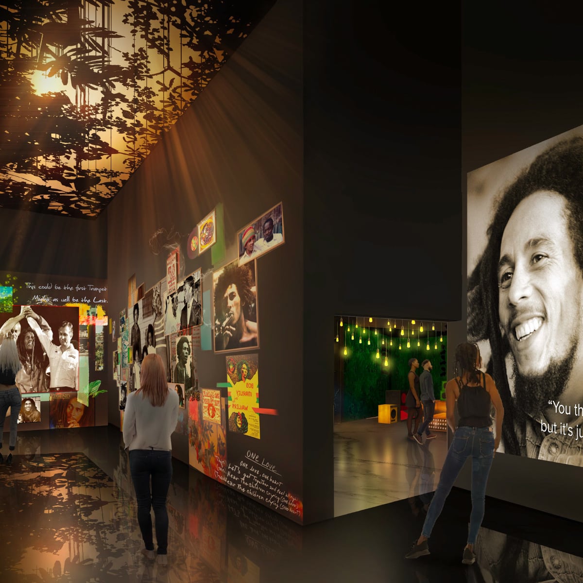 People explore an illuminated exhibit featuring reggae-themed images and decor.